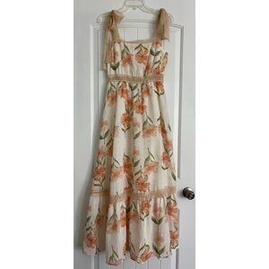 Indica Cream Peach Orange Green Floral Tie-Shoulder Tiered Maxi Dress, Size S